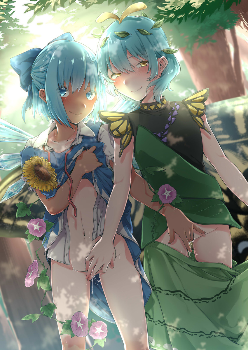 cirno, eternity larva, and tanned cirno (touhou) drawn by nooca