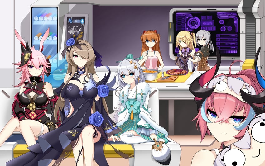 souryuu asuka langley, bronya zaychik, fischl, theresa apocalypse, yae sakura, and 5 more (genshin impact and 5 more) drawn by bails