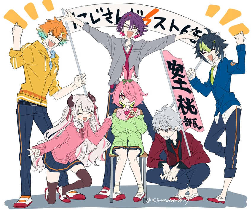 kuzuha, watarai hibari, naraka, usami rito, inami rai, and 1 more (nijisanji) drawn by ninahachi