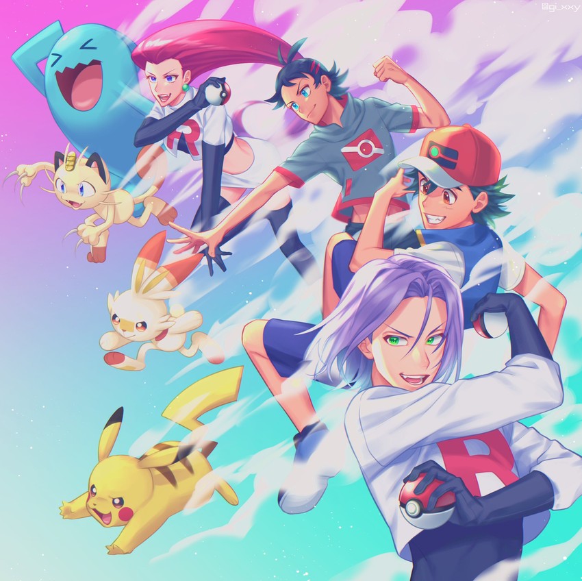 pikachu, ash ketchum, jessie, james, scorbunny, and 3 more (pokemon and 1 more) drawn by ruru_(gi_xxy)