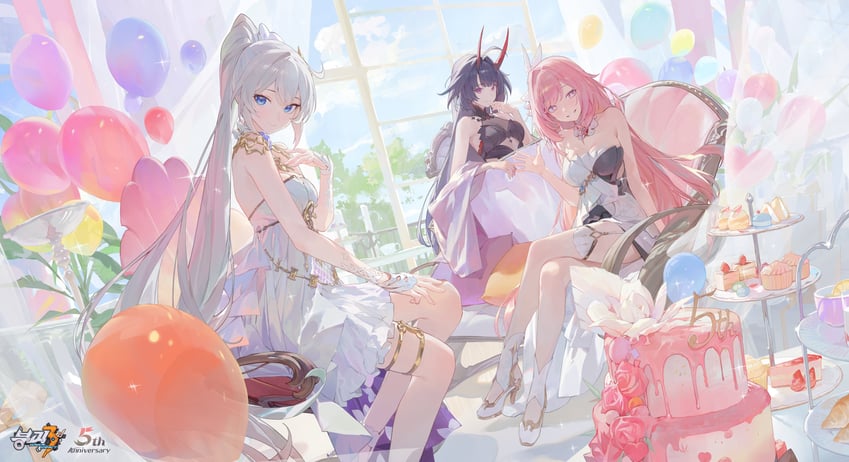 kiana kaslana, raiden mei, and elysia (honkai and 1 more) drawn by modare