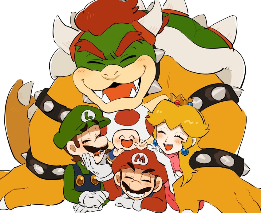 princess peach, mario, luigi, bowser, and toad (mario) drawn by mimimi_(mimimim9999)