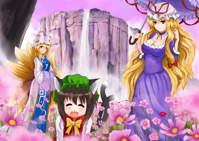 yakumo yukari, yakumo ran, and chen (touhou) drawn by nyoichi_(ekaini)