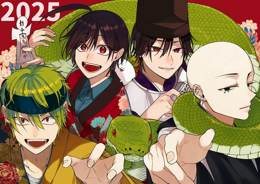 abe haruaki, marshmallow, toubyou yamato, genbu, and abe no seimei (youkai gakkou no sensei hajimemashita!) drawn by tanaka_mai