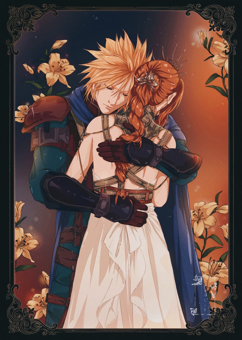 cloud strife and aerith gainsborough (final fantasy and 3 more) drawn by shanlieart