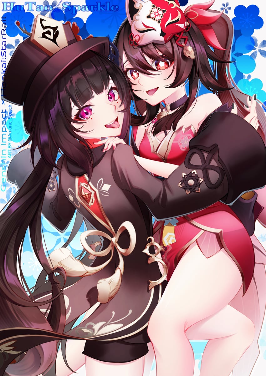 hu tao and sparkle (genshin impact and 3 more) drawn by amaneiru