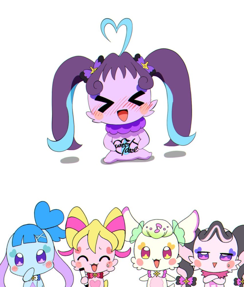 sakura uta, aokaze nana, shigure kokoro, purirun, and meroron (precure and 1 more) drawn by @est@