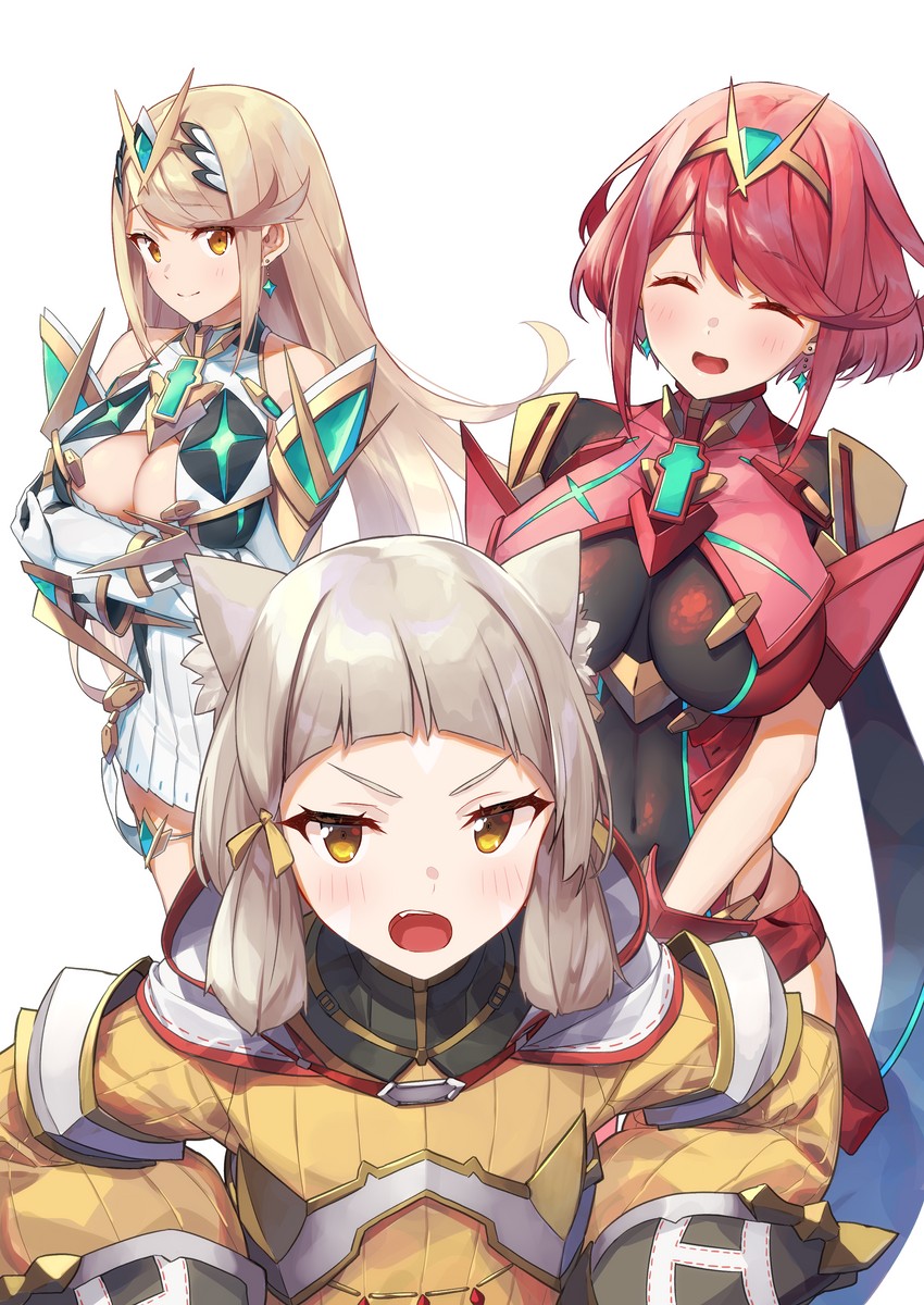 pyra, mythra, and nia (xenoblade chronicles and 1 more) drawn by baffu