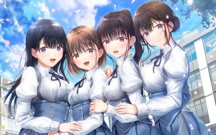 yahiro mio, konomi yui, tamayori himari, and momojiri serika (seifuku kanojo and 1 more) drawn by hazuki_gyokuto and kirisawa_saki