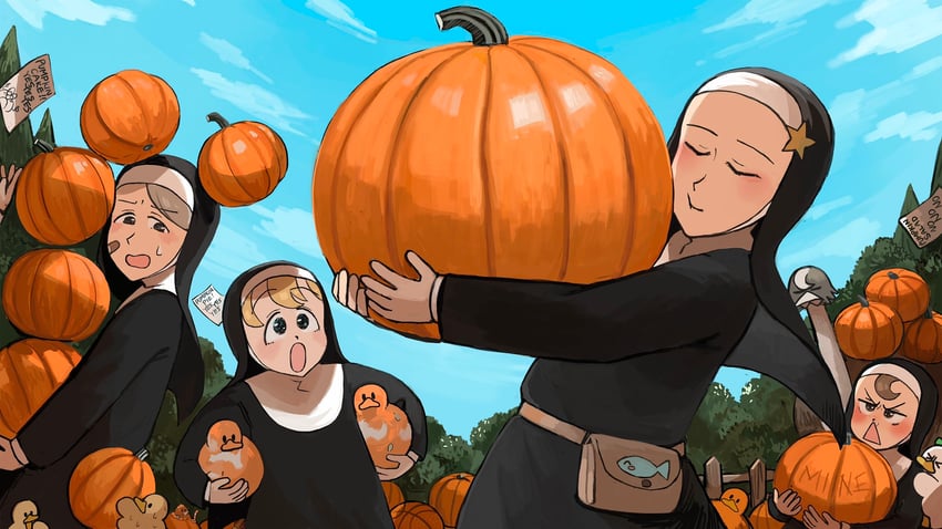 clumsy nun, froggy nun, hungry nun, star nun, and leaf nun (little nuns) drawn by diva_(hyxpk)