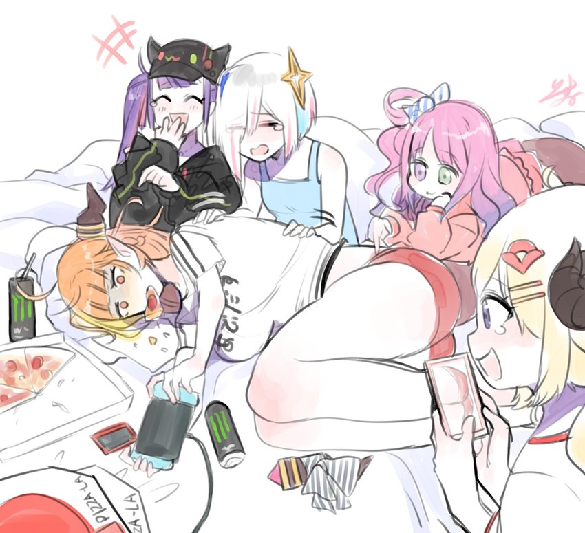 tokoyami towa, amane kanata, kiryu coco, tsunomaki watame, himemori luna, and 1 more (hololive) drawn by isuka
