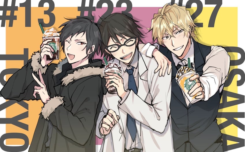 orihara izaya, heiwajima shizuo, and kishitani shinra (durarara!! and 1 more) drawn by ktattara