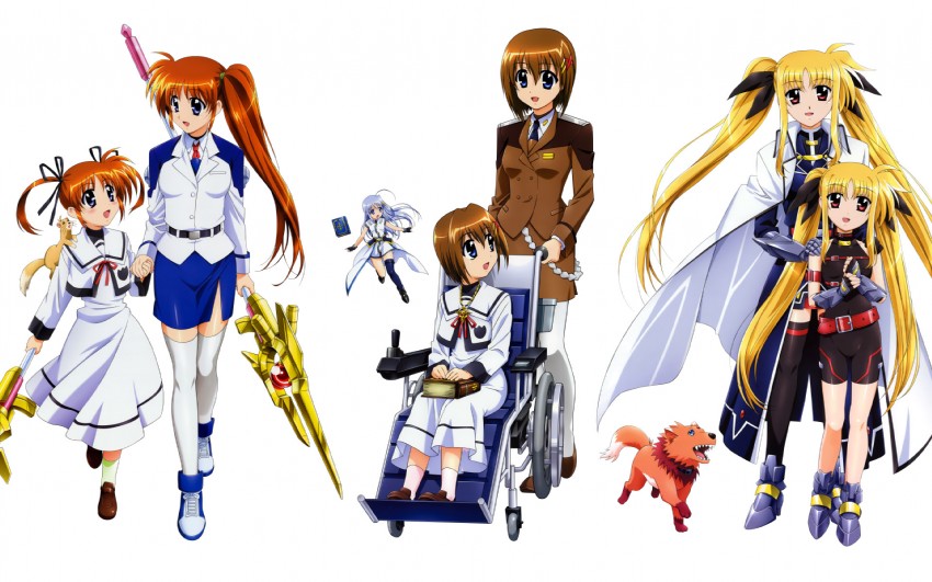 fate testarossa, takamachi nanoha, yagami hayate, raising heart, reinforce zwei, and 4 more (lyrical nanoha and 2 more) drawn by okuda_yasuhiro