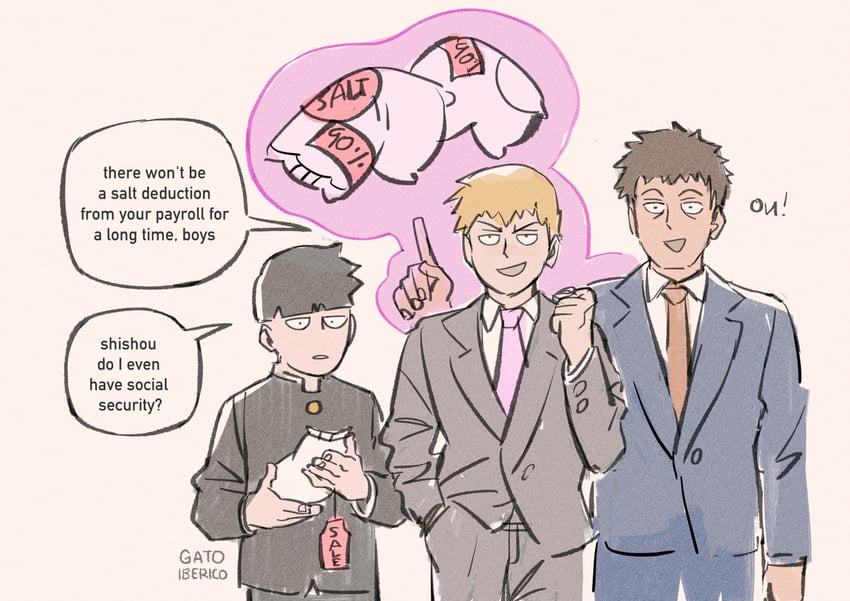 kageyama shigeo, reigen arataka, and serizawa katsuya (mob psycho 100) drawn by gatoiberico