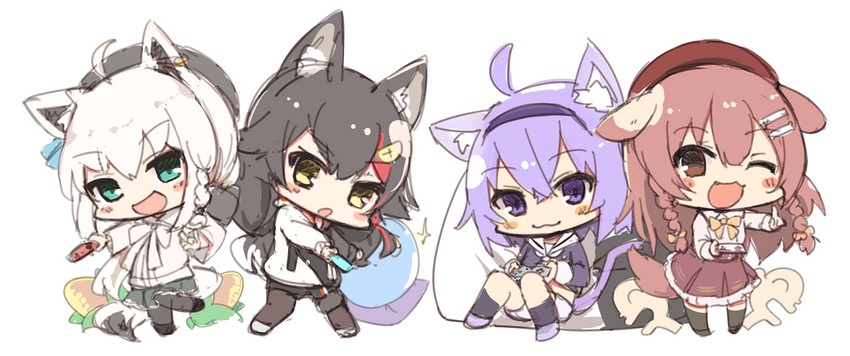 shirakami fubuki, nekomata okayu, ookami mio, inugami korone, and listener (hololive) drawn by koga_rejini