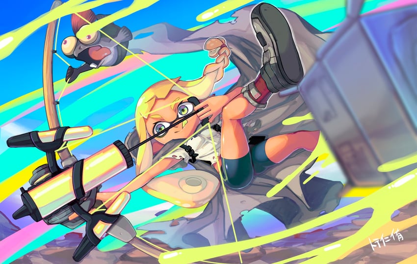 inkling player character, inkling girl, and veronika (splatoon and 1 more) drawn by minamidena