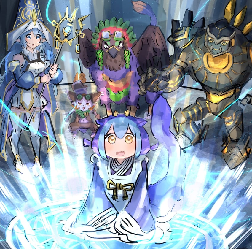 laundry dragonmaid, water enchantress of the temple, wandering gryphon rider, magicore warrior of the relics, and rite of aramesir (yu-gi-oh!) drawn by hatano_kiyoshi