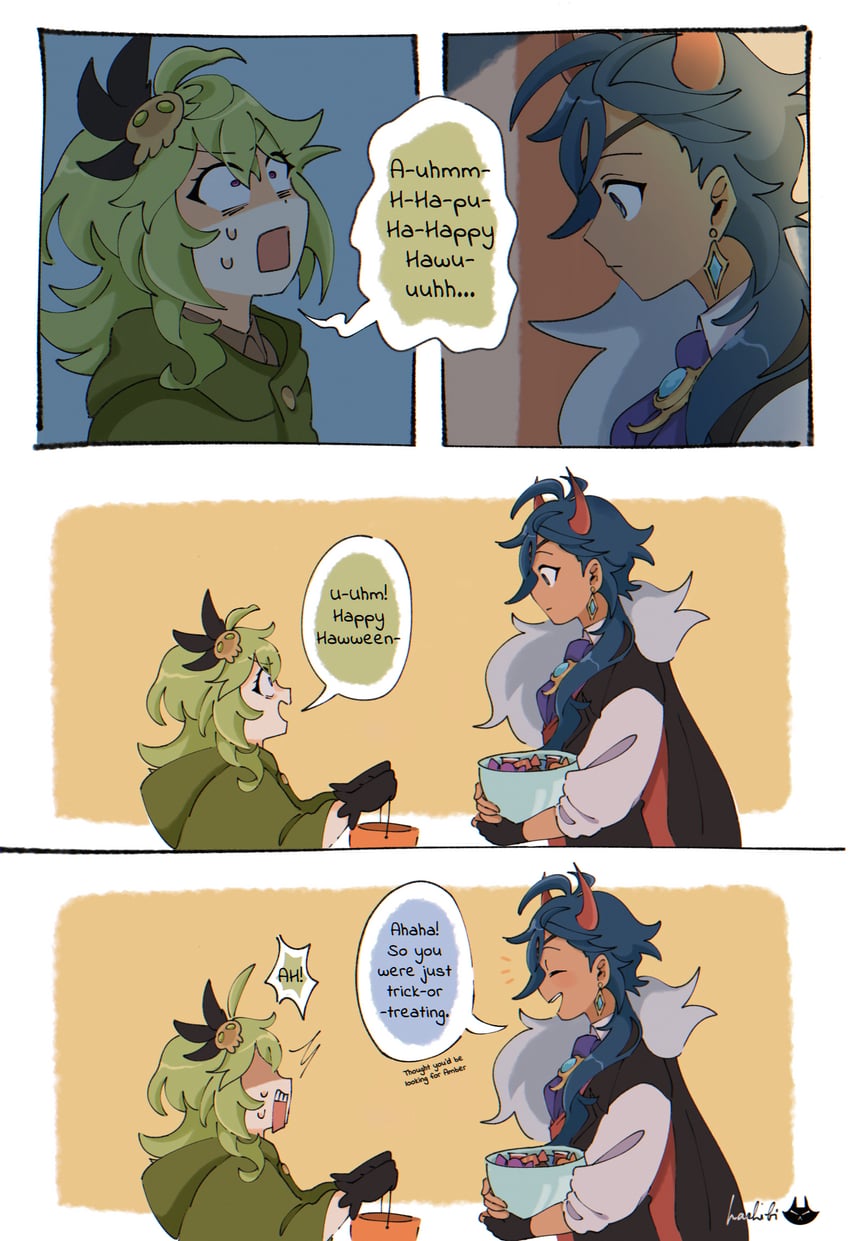 kaeya and collei (genshin impact) drawn by hashibi_(noyasakihashibi)