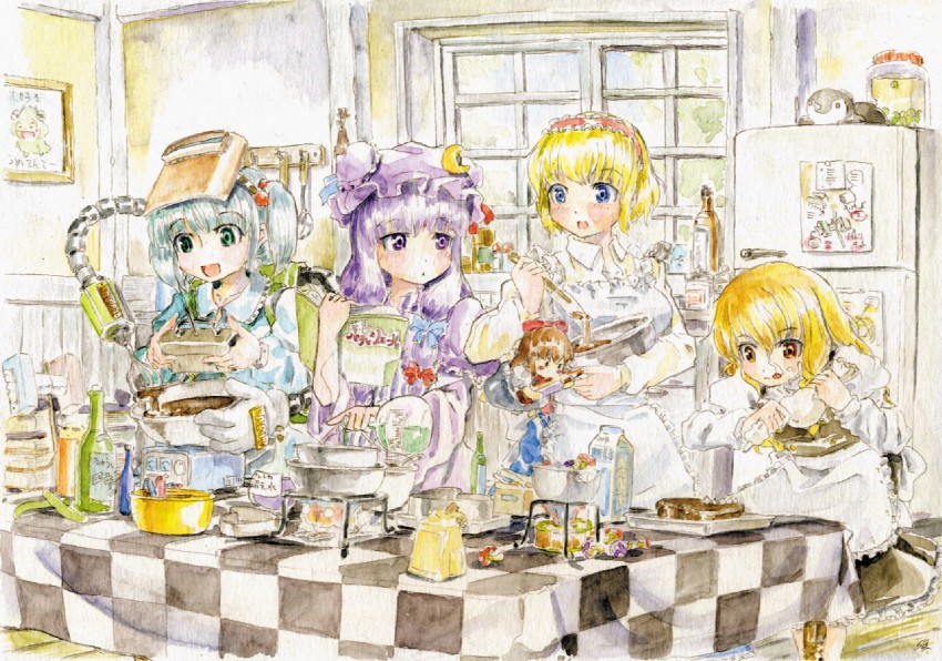 kirisame marisa, alice margatroid, patchouli knowledge, kawashiro nitori, ume-sensei, and 1 more (touhou and 3 more) drawn by master_(4th)