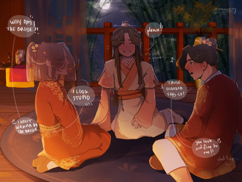 xie lian, mu qing, and feng xin (tianguan cifu) drawn by meawqing