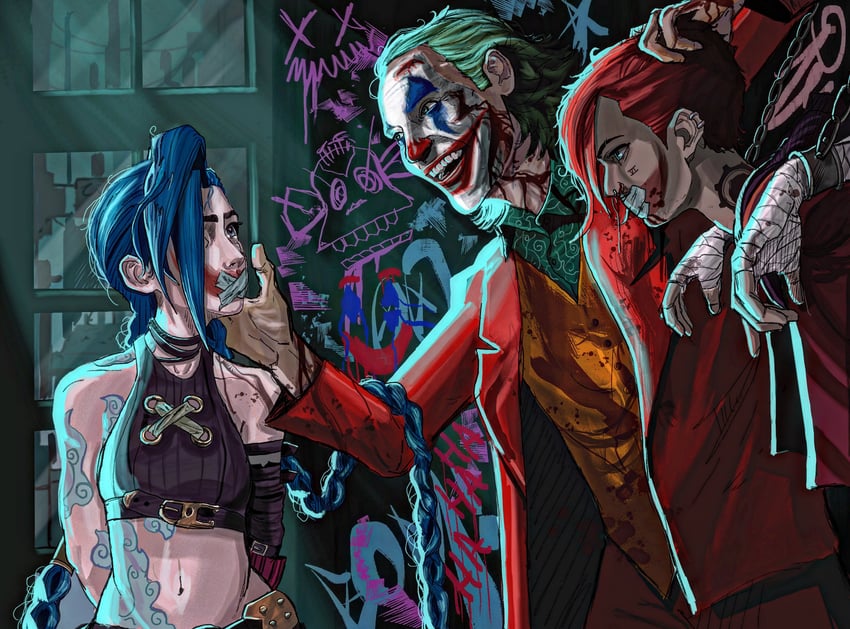jinx, vi, arcane jinx, arcane vi, and joker (league of legends and 4 more) drawn by batuhu