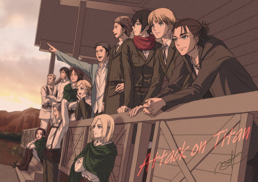 mikasa ackerman, eren yeager, krista lenz, reiner braun, ymir, and 7 more (shingeki no kyojin) drawn by macaronk