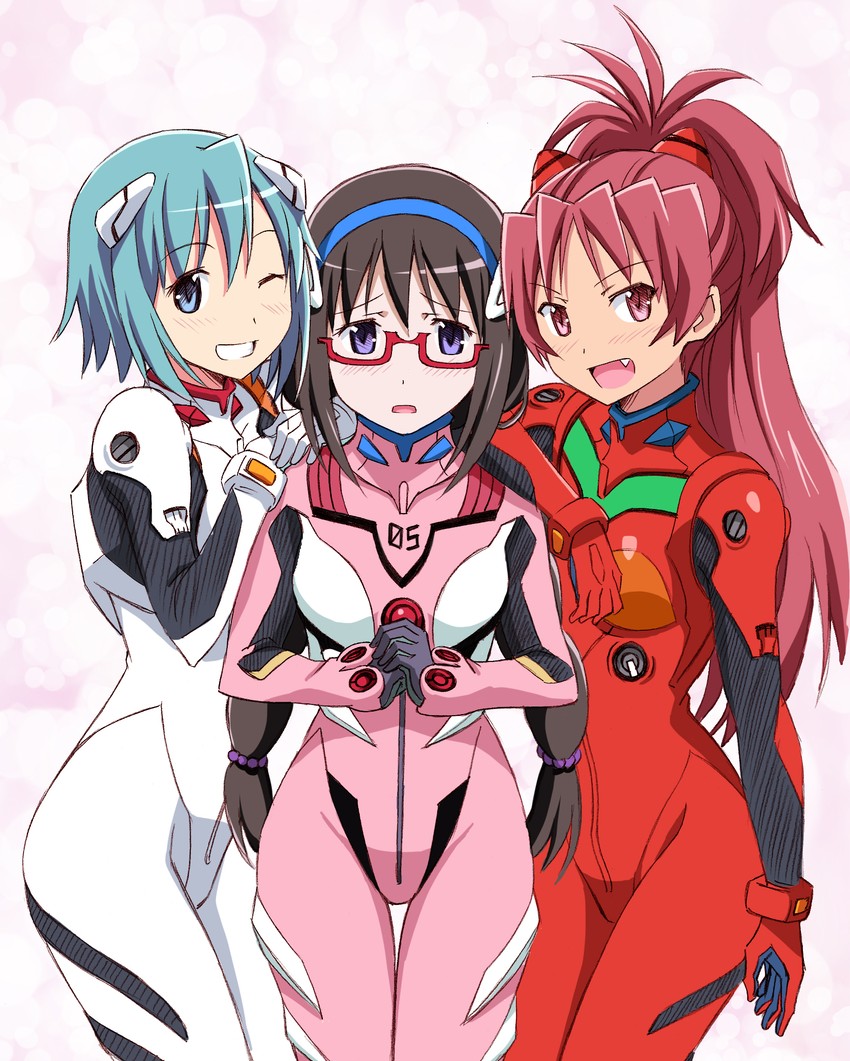 akemi homura, miki sayaka, sakura kyoko, souryuu asuka langley, ayanami rei, and 1 more (mahou shoujo madoka magica and 3 more) drawn by ayukko_(forest_village)