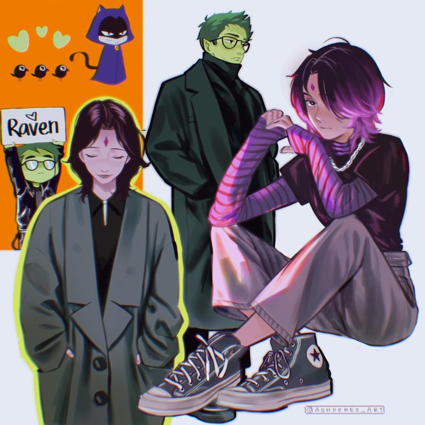 raven and beast boy (dc comics and 2 more) drawn by panprika11