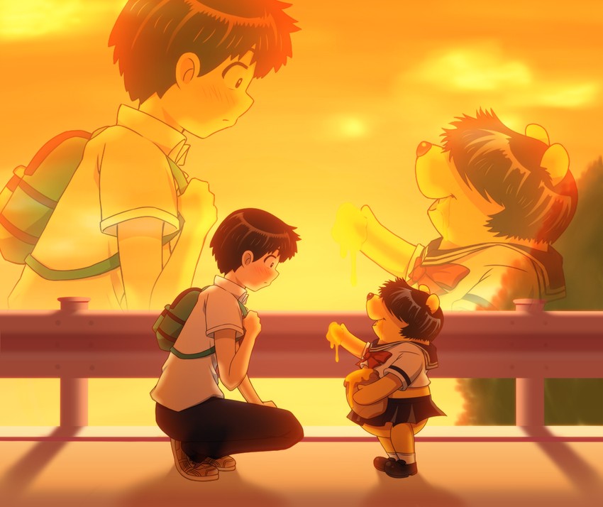 urabe mikoto, pooh, and tsubaki akira (winnie the pooh and 1 more) drawn by waruiga