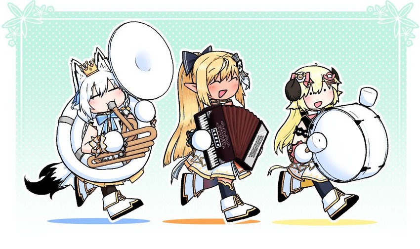 shirakami fubuki, shiranui flare, and tsunomaki watame (hololive) drawn by can_robo28