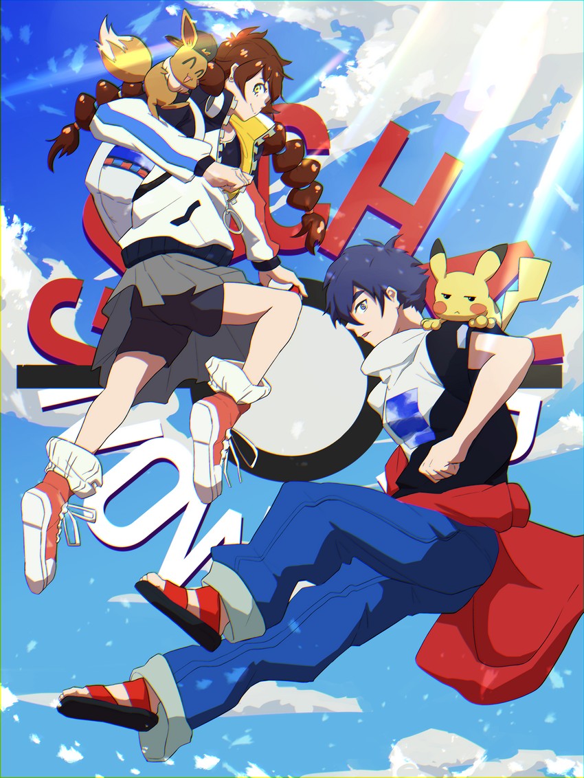pikachu, eevee, gotcha! girl, and gotcha! boy (pokemon and 1 more) drawn by nakan