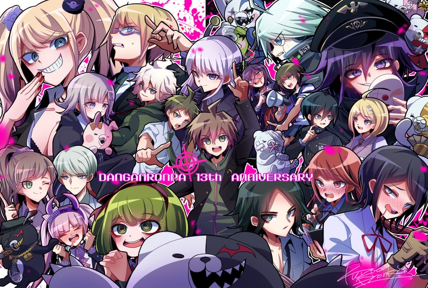 nanami chiaki, oma kokichi, saihara shuichi, komaeda nagito, hinata hajime, and 24 more (danganronpa and 6 more) drawn by kujira_pyon_ka