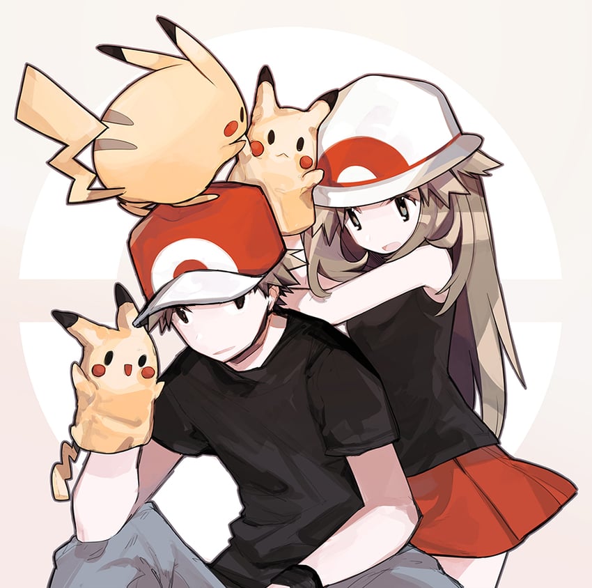 pikachu, red, and leaf (pokemon and 1 more) drawn by lillin