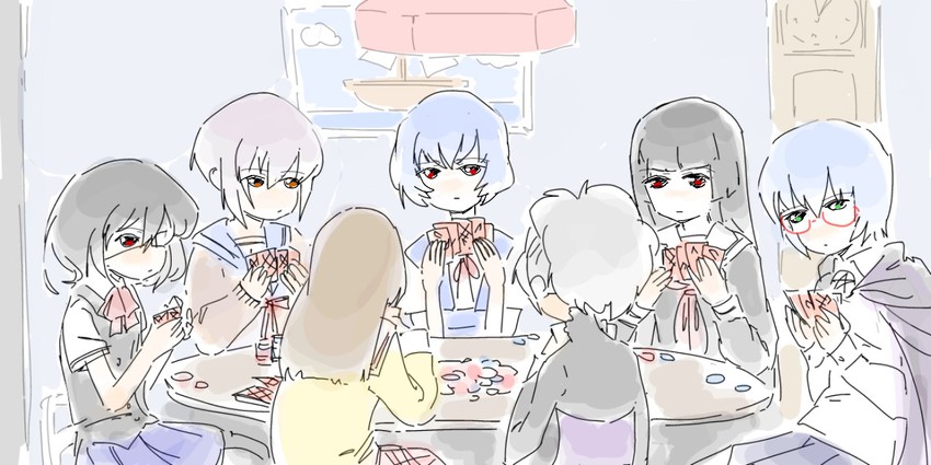 ayanami rei, nagato yuki, yin, enma ai, minakami mai, and 2 more (neon genesis evangelion and 6 more) drawn by womu