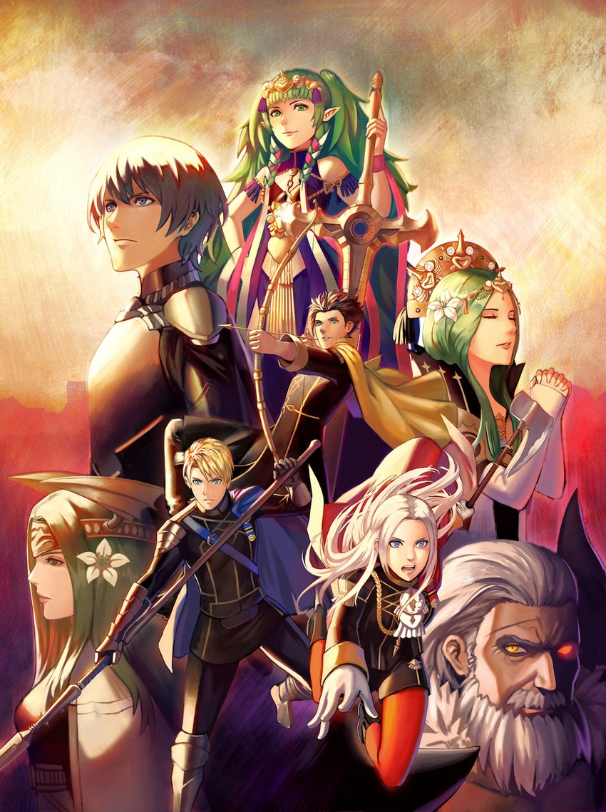 edelgard von hresvelg, dimitri alexandre blaiddyd, male byleth, claude von riegan, rhea, and 3 more (fire emblem and 1 more) drawn by quest_r