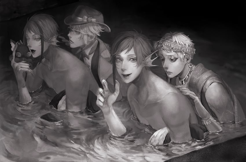 floyd leech, jade leech, azul ashengrotto, and kalim al-asim (twisted wonderland) drawn by fano