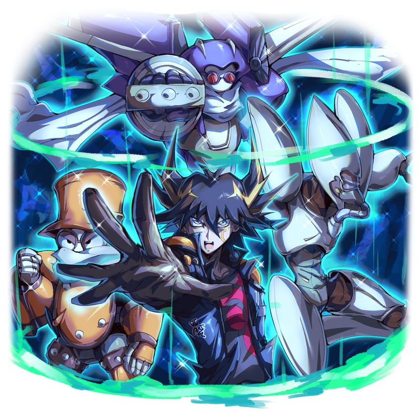 fudo yusei, junk warrior, junk synchron, and speed warrior (yu-gi-oh! and 1 more) drawn by vincent_graphic_art