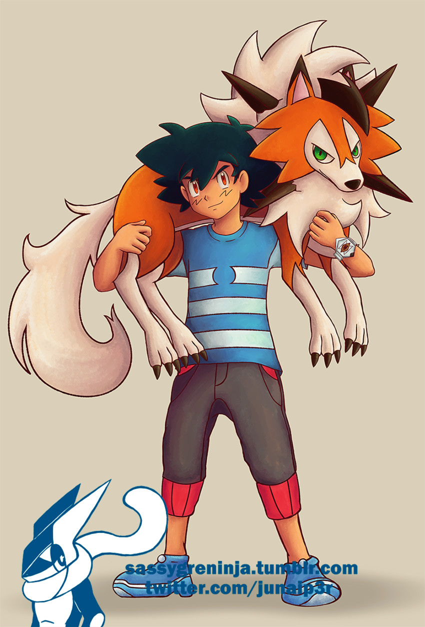 ash ketchum, greninja, and lycanroc (pokemon and 1 more) drawn by junaip3r