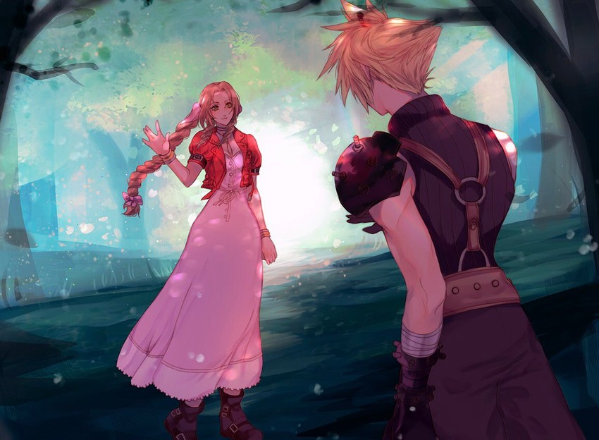 cloud strife and aerith gainsborough (final fantasy and 1 more) drawn by sera_(serappi)