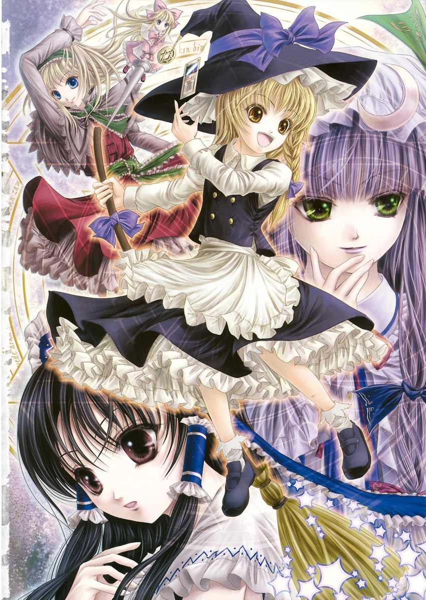 hakurei reimu, kirisame marisa, alice margatroid, patchouli knowledge, and shanghai doll (touhou) drawn by yuki_shuuka