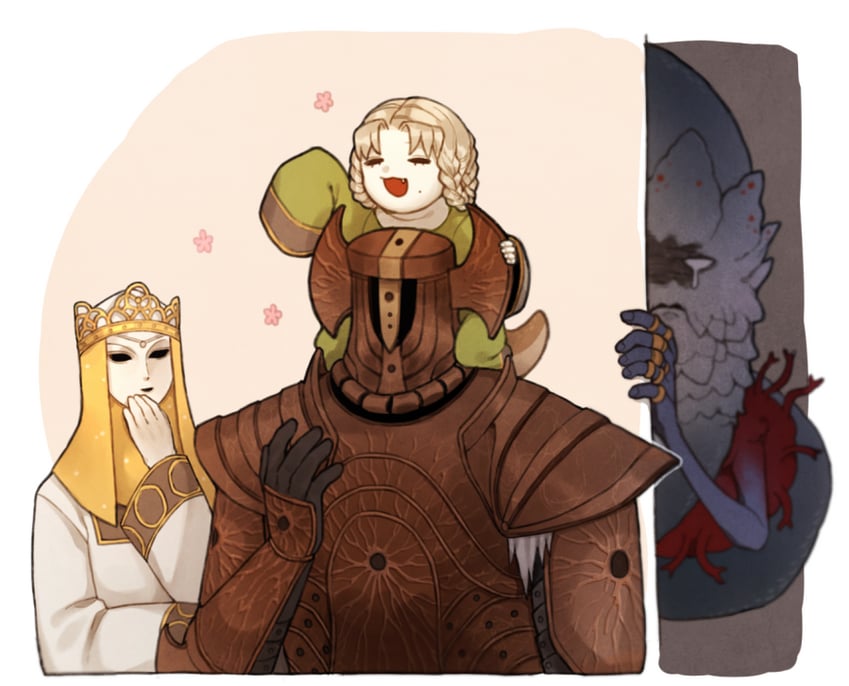 rya, crucible knight, rykard lord of blasphemy, lady tanith, and tanith's knight (elden ring) drawn by donar0217
