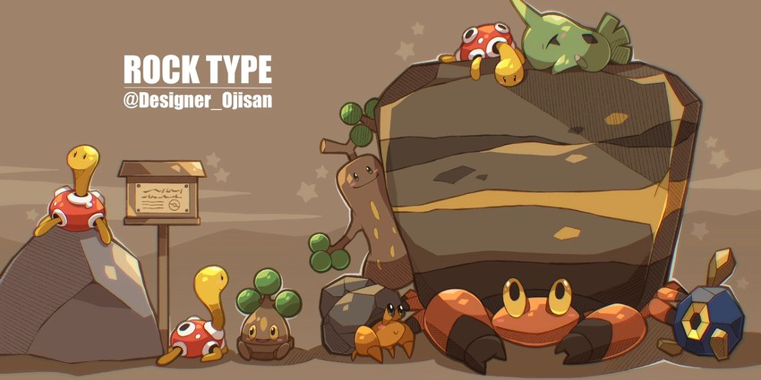 shuckle, larvitar, sudowoodo, crustle, bonsly, and 2 more (pokemon) drawn by designer_ojisan