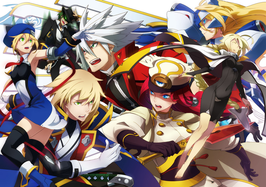noel vermillion, ragna the bloodedge, jin kisaragi, tsubaki yayoi, lambda-11, and 2 more (blazblue and 1 more) drawn by sugiyama_yuki