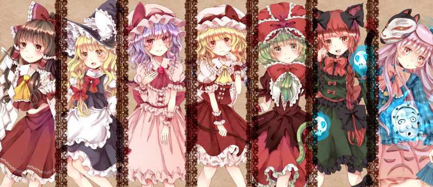 hakurei reimu, kirisame marisa, remilia scarlet, flandre scarlet, kaenbyou rin, and 2 more (touhou) drawn by jaku_sono