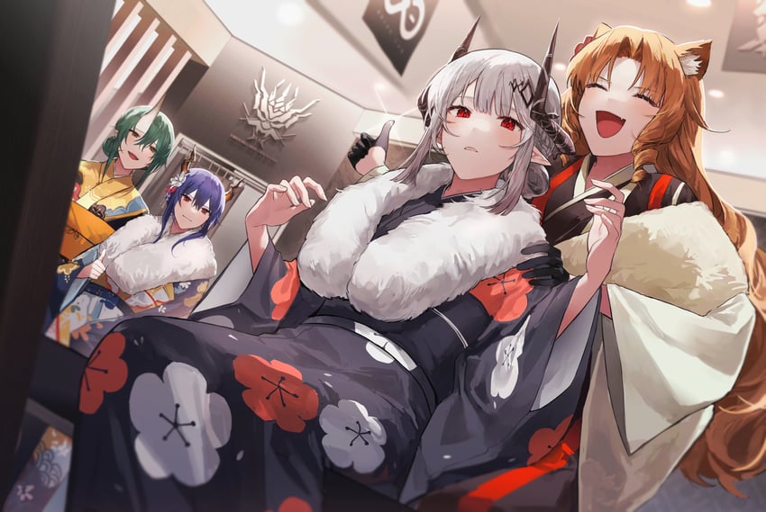ch'en, mudrock, hoshiguma, and swire (arknights) drawn by ryat