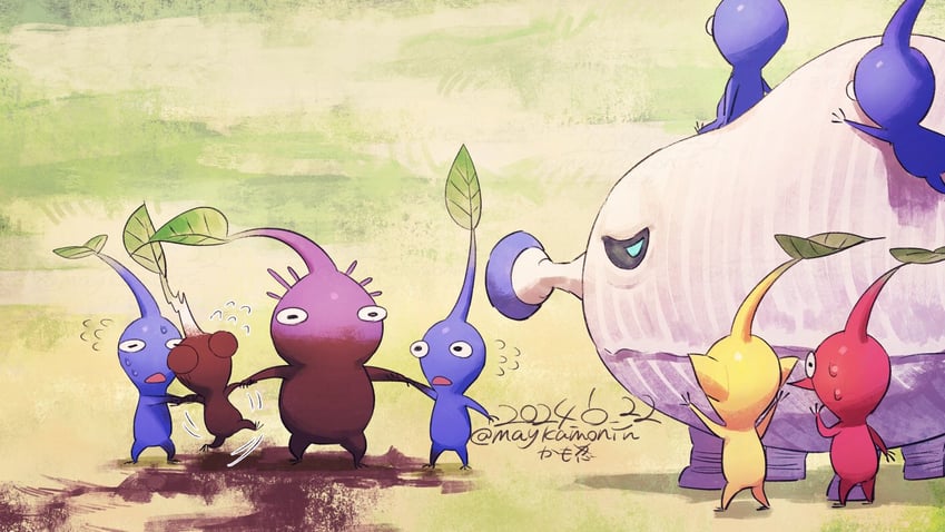 red pikmin, yellow pikmin, blue pikmin, purple pikmin, white pikmin, and 1 more (pikmin) drawn by maykamonin