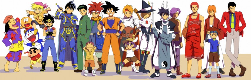 son goku, doraemon, yagami taichi, sakuragi hanamichi, arsene lupin iii, and 15 more (dragon ball and 23 more) drawn by hyakuen_raitaa
