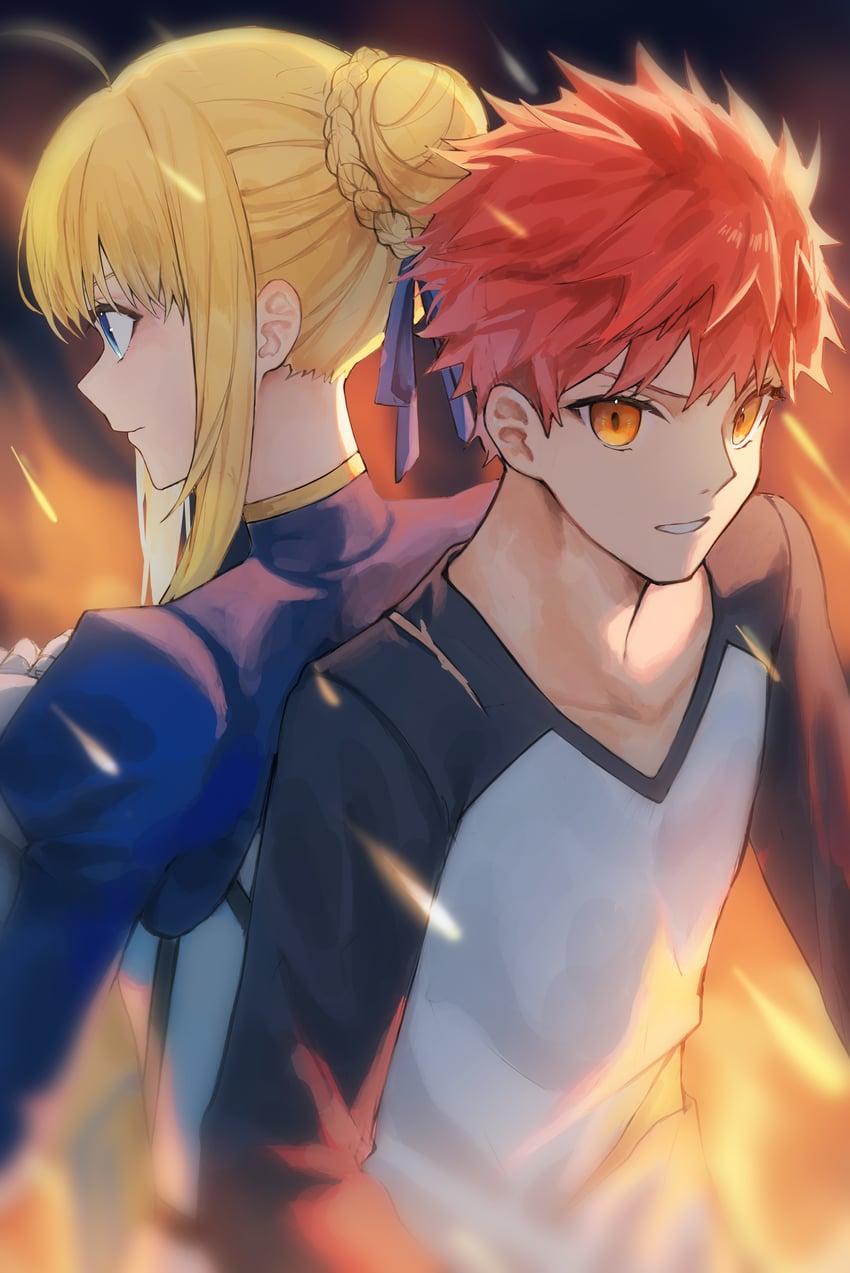artoria pendragon, saber, and emiya shirou (fate and 1 more) drawn by kaze_22