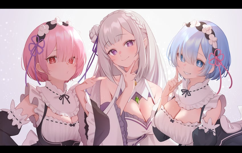 rem, emilia, and ram (re:zero kara hajimeru isekai seikatsu) drawn by skoll_world
