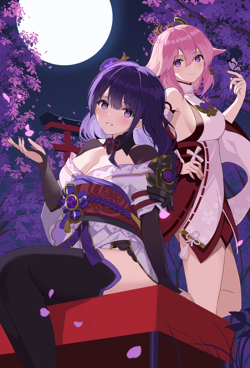 raiden shogun and yae miko (genshin impact) drawn by rererere_mon